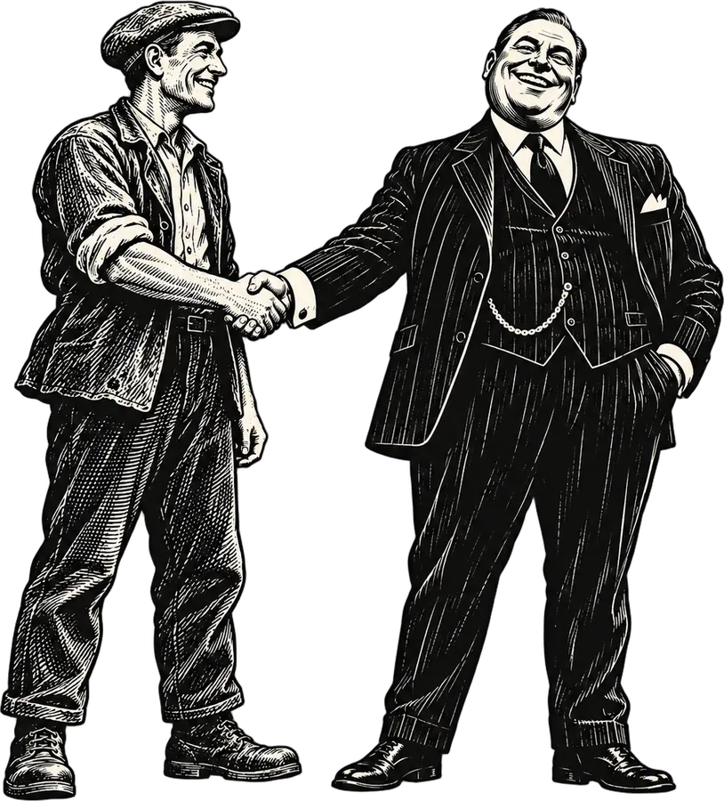 The mayor shaking hands with a working man in a flat cap